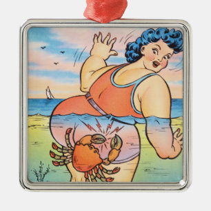 Grappige vintage strandhumor krabbenaanval illustr metalen ornament