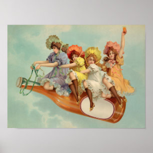 Grappige vintage Victoriaanse vrouwen die bier dri Poster