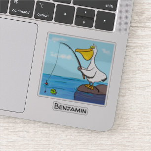 Grappige vissende pelikaan cartoon sticker