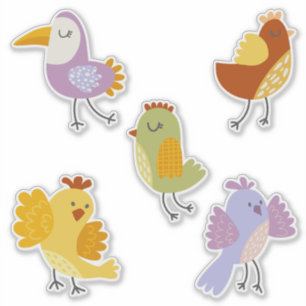 Grappige vogels pastel kleuren patchwork stijl sticker