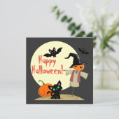 Grappige vogelverschrikker & kat Halloween kaart (Staand voorkant)