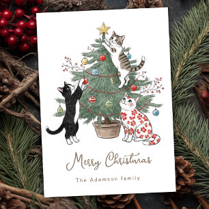 Grappige vreemde kerstboomkatten groeten feestdagenkaart