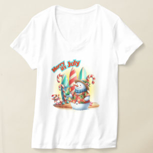 Grappige vrolijke in juli sneeuwman surfborden op t-shirt