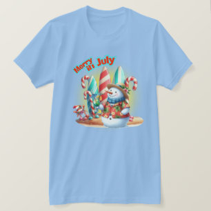 Grappige vrolijke sneeuwman surfplanken op het str t-shirt