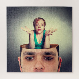 Grappige vrouw in het man hoofd legpuzzel