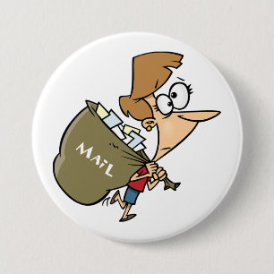 Grappige vrouw zeult met zware postzak ronde button 7,6 cm