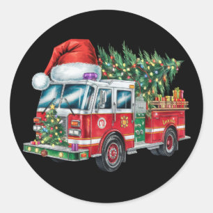 Grappige Vuurtruck Santa Hat Kerstboom Lights Ronde Sticker