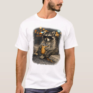 Grappige Wasbeer Drinkende IJskoude Koffie Dier Me T-shirt