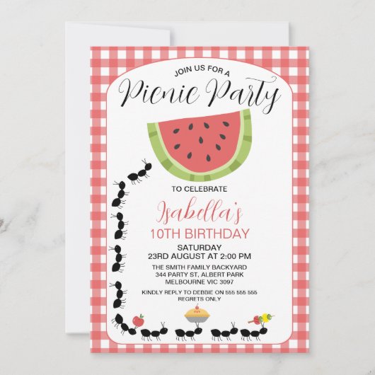 Grappige watermeloen mieren picknick verjaardag ui kaart (Voorkant)