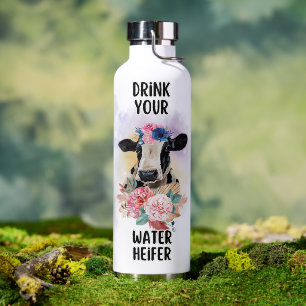 Grappige waterverf bloem- en koeaffirmatiewaterfl Waterfles