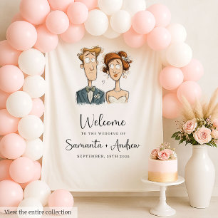 Grappige Waterverf bruid bruidegom bruiloft banner Wandkleed