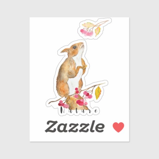 Grappige waterverf eekhoorn op een tak met bessen sticker (Vel)