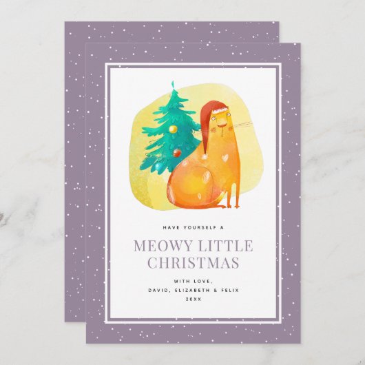 Grappige Waterverf Kat Paarse Kerst Kaart (Voorkant / Achterkant)