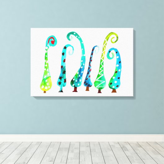 Grappige waterverf kerstbomen canvas afdruk (Insitu (Houten vloer))