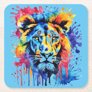 Grappige waterverf kleurrijke leeuw vierkante kartonnen onderzetter