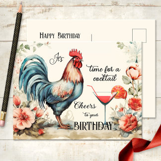 Grappige Waterverf Rooster Cocktail Verjaardag Briefkaart