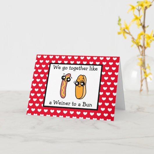 Grappige Weiner en Broodje Eten Woordspeling Valen Kaart (Gele Bloem)