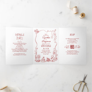 Grappige Whimsical Doodles Moderne Rode Trouwfoto Drieluik Uitnodiging