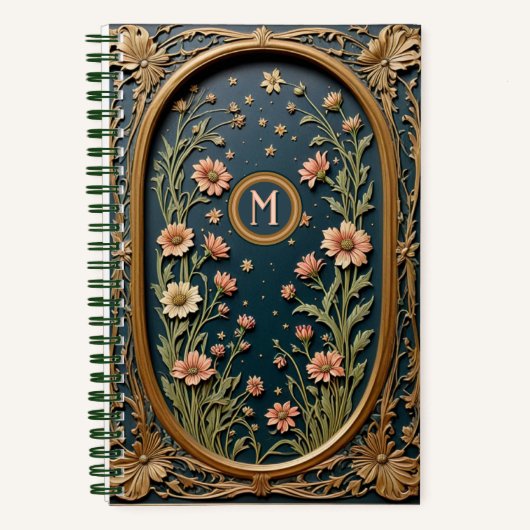 Grappige Wildflower Evening Art Nouveau Monogram Notitieboek (Voorkant)