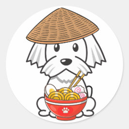 Grappige witte hond eet noedels ronde sticker