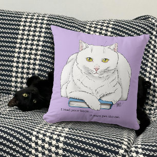 Grappige Witte Kat Boek Lezen Humor Paars Kussen