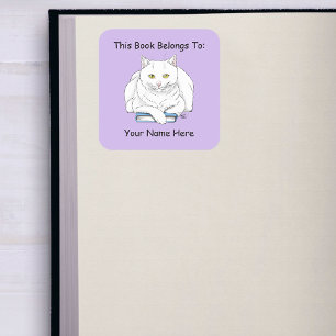 Grappige Witte Kat Boek Lezen Paarse Boekplaat Vierkante Sticker