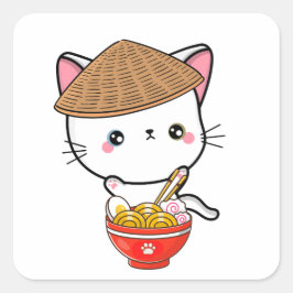 Grappige witte kat eet noedels vierkante sticker