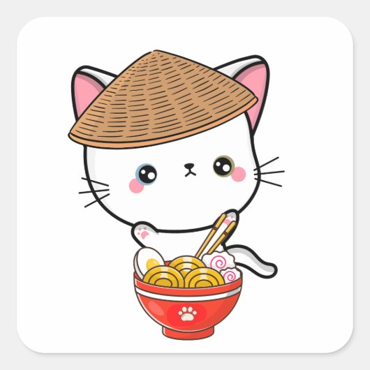 Grappige witte kat eet noedels vierkante sticker (Voorkant)