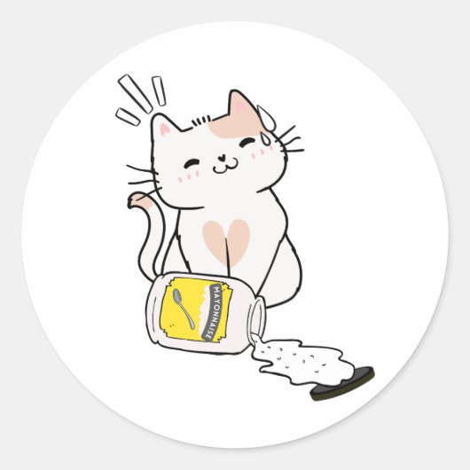Grappige witte kat gemorste mayonaise ronde sticker (Voorkant)