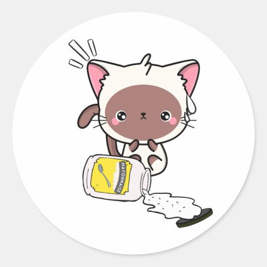 Grappige witte kat gemorste mayonaise ronde sticker (Voorkant)