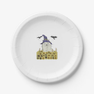 Grappige witte kat in heksenhoed vintage Halloween Papieren Bordje