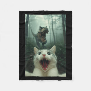 Grappige Witte Kat Selfie Met T-rex Dinosaur, Kat Fleece Deken