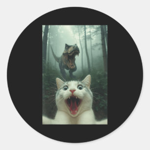 Grappige Witte Kat Selfie Met T-rex Dinosaur, Kat Ronde Sticker