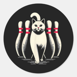 Grappige witte kat speelt bowlen retro vintage str ronde sticker