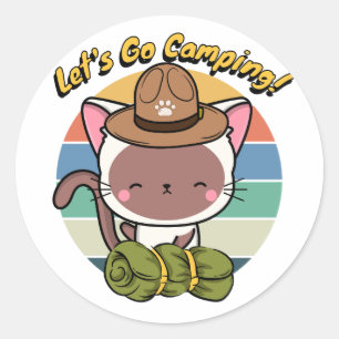 Grappige witte kat wil gaan kamperen ronde sticker