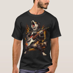 Grappige Wolf die Gitaar Rock And Roll Speelt Voor T-shirt