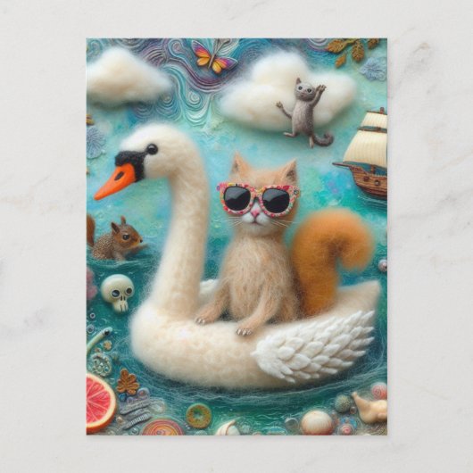Grappige Woolie Swan Float Met Een Kat Briefkaart (Voorkant)