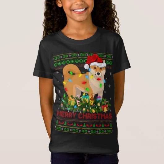 Grappige Xmas Verlichting Boom Santa Ugly Shiba In T-shirt (Voorkant)