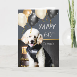 Grappige Yappy 60e verjaardag witte poedel in leer Feestdagen Kaart