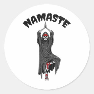 Grappige Yoga Namaste Halloween Skelet Reaper Boom Ronde Sticker