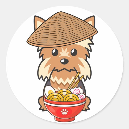 Grappige Yorkshire terriër eet noedels Ronde Sticker (Voorkant)