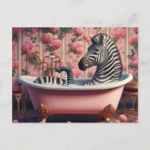 Grappige Zebra in een badkuip Roze Bloemenbadkamer Briefkaart