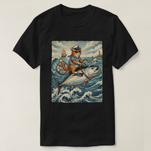 Grappige Zeeman Kat Rijdt Tonijn Vis Vintage T-shirt