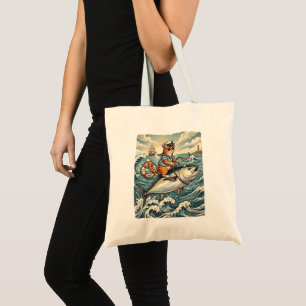 Grappige Zeeman Kat Rijdt Tonijn Vis Vintage Tote Bag