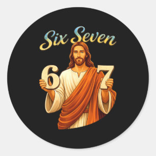 Grappige Zes Zeven 6 7 Meme Jezus Christelijk Mann Ronde Sticker
