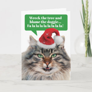 Grappige zingende kat verwoest de bomen FaLaLa Feestdagen Kaart