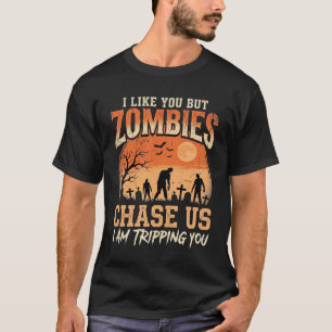Grappige zombies halloween achtervolgen ons ontwer t-shirt