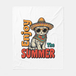 Grappige Zomer Kat Sombrero Vintage Gravure Ontwer Fleece Deken