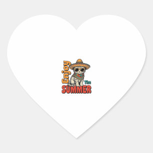 Grappige Zomer Kat Sombrero Vintage Gravure Ontwer Hart Sticker
