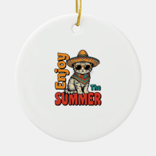 Grappige zomer kat sombrero vintage gravure ontwer keramisch ornament